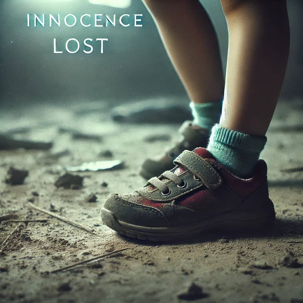 Child's legs in worn sneakers stand on a dusty ground, with the words "Innocence Lost" above. It's as if they're stepping into The Haunting of October 7th, where childhood meets the eerie shadows of a Day of Horror.