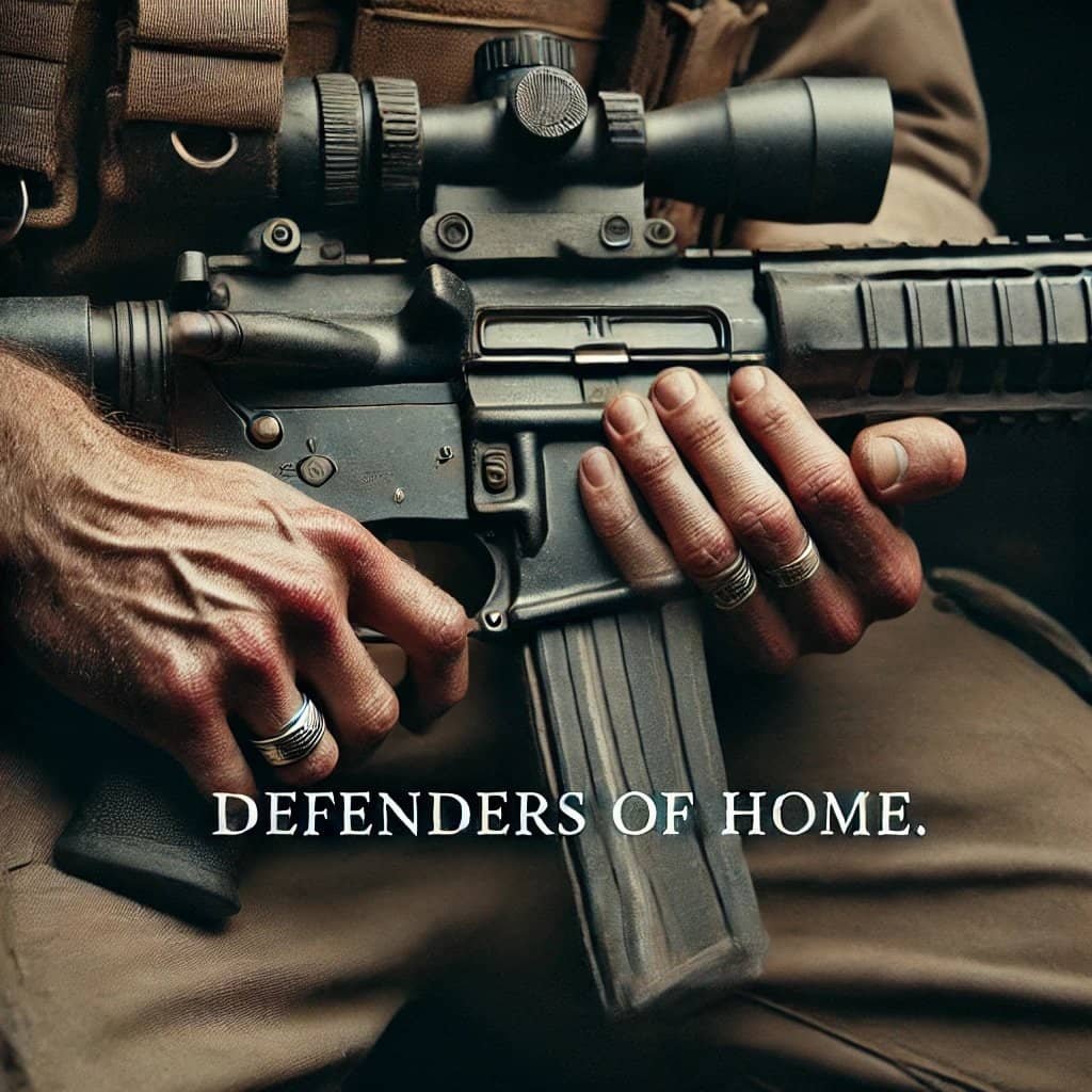 Close-up of hands holding a rifle, adorned with rings, above the text "Defenders of Home," evoking the eerie spirit of The Haunting of October 7th.
