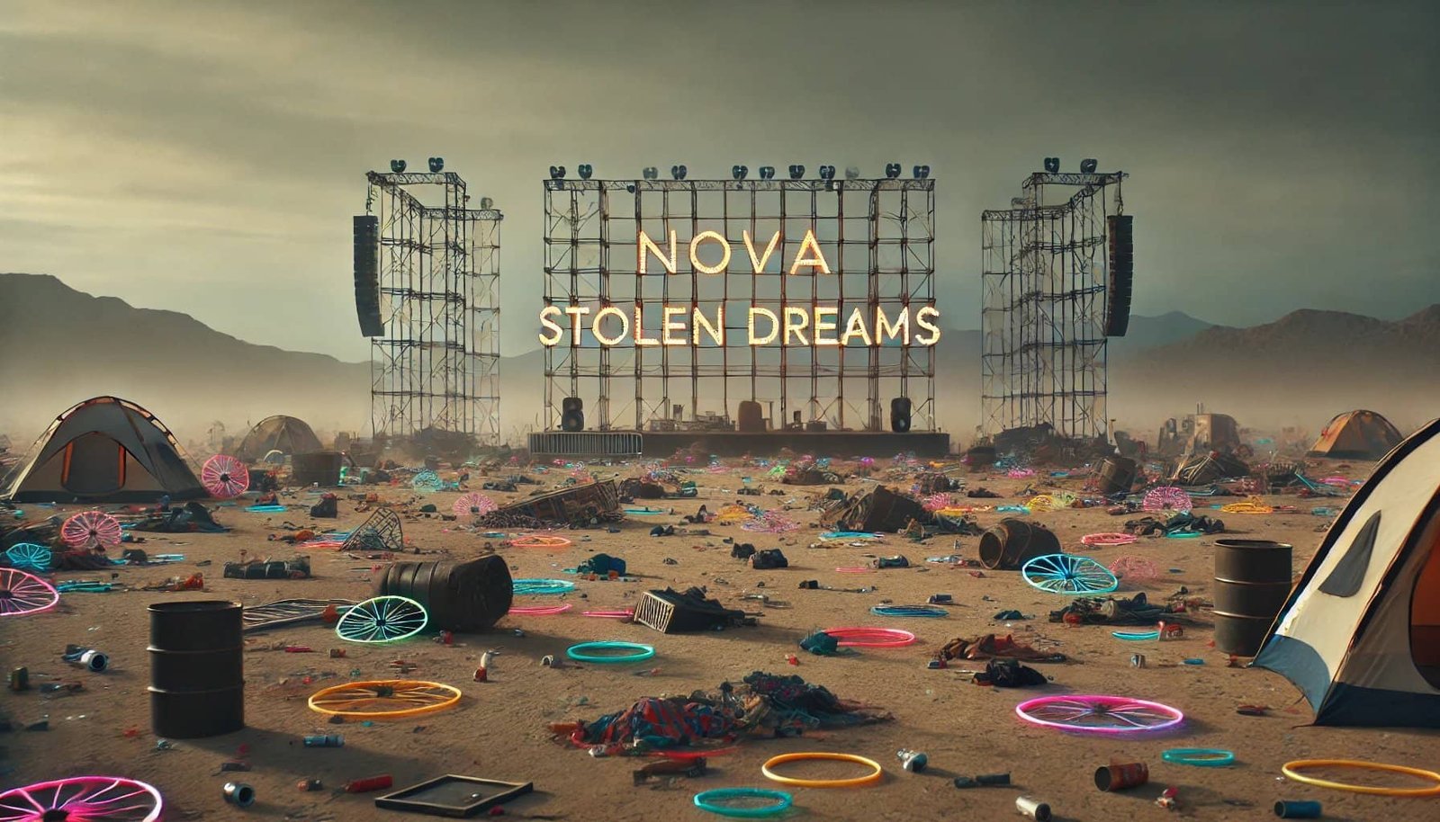 A desert festival scene with tents, scattered debris, and neon rings sets the stage for "Nova Stolen Dreams," looming under a cloudy sky. The ambiance whispers tales of The Haunting of October 7th, adding an eerie Day of Horror vibe to the spectacle.