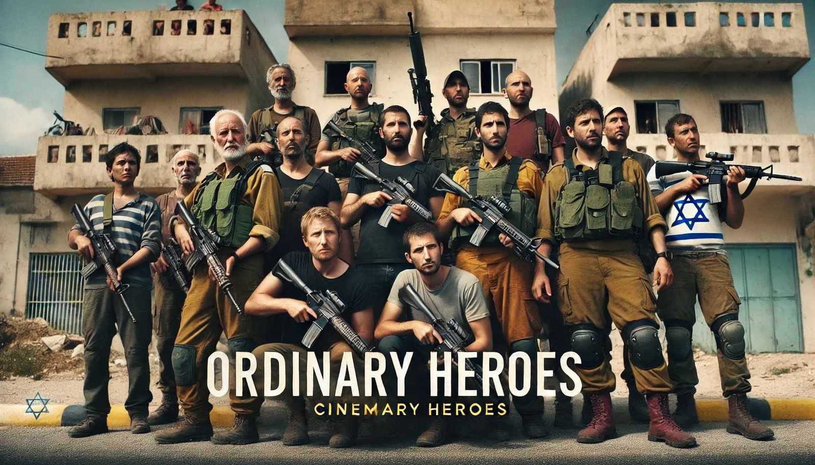 A group of men, some in military uniforms, others in casual wear, posed with rifles in front of a building. Text reads "Ordinary Heroes - The Haunting of October 7th.