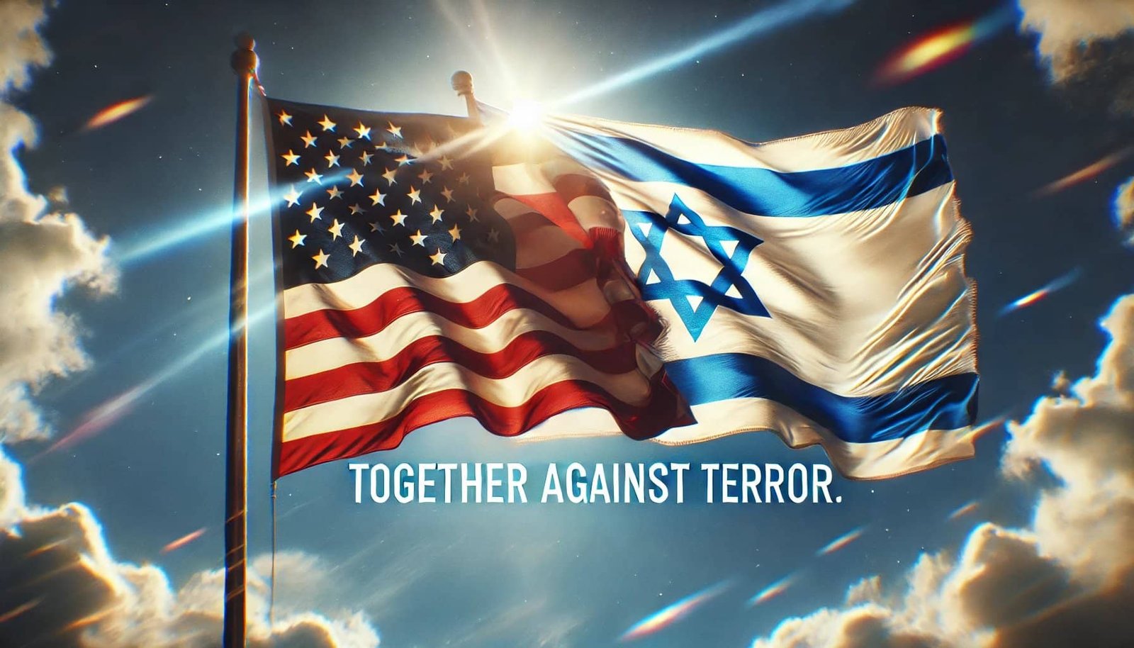 The US and Israeli flags wave side by side in the sunlight, underscoring unity with the poignant message "Together Against Terror" below—a determined stand forged in response to the Day of Horror.