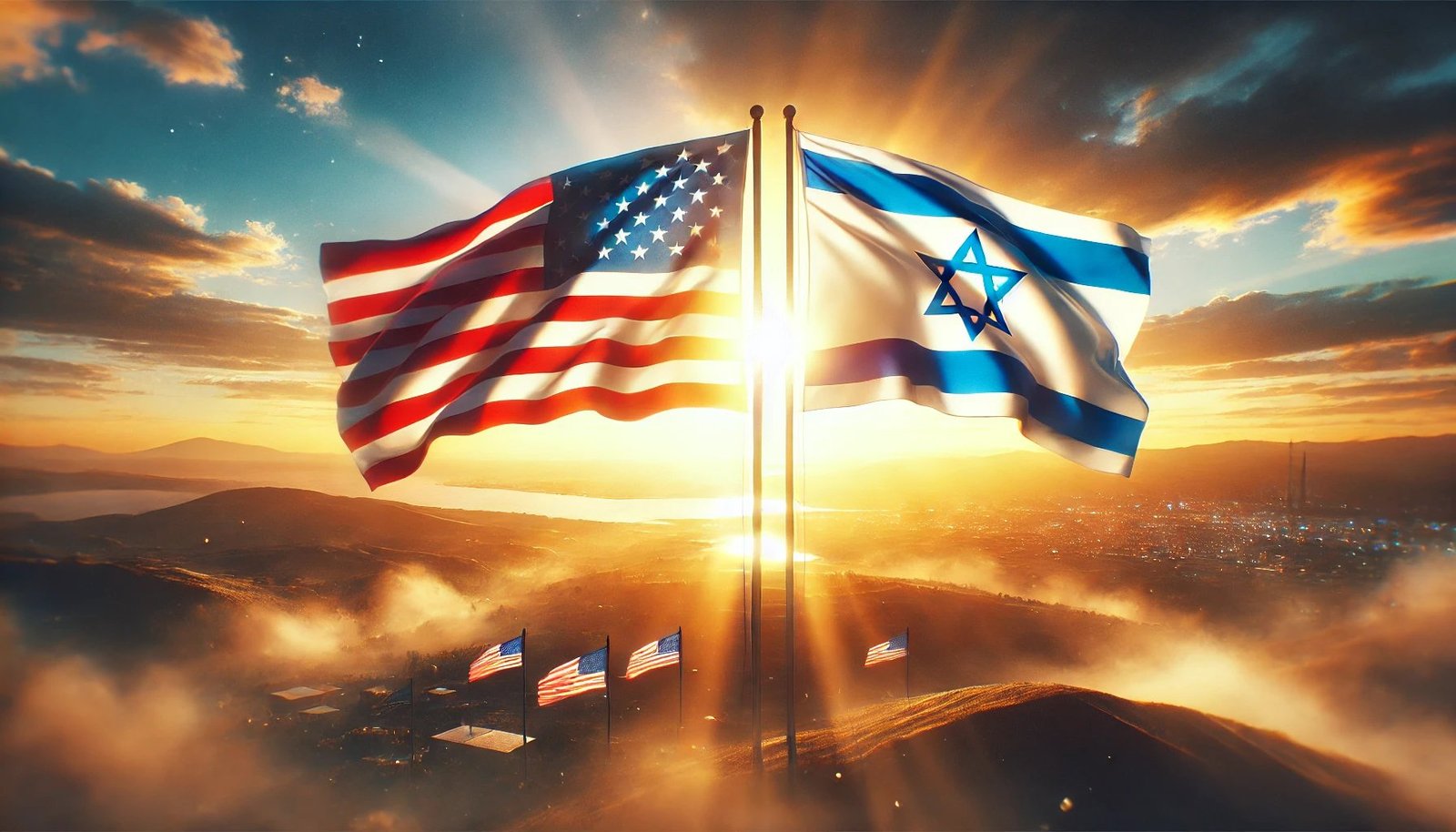 The American and Israeli flags fly side by side on a hill at sunrise, like silent sentinels guarding against the misty landscape—a scene reminiscent of The Haunting of October 7th. In the background, more American flags ripple gently, adding to this eerie Day of Horror tableau.