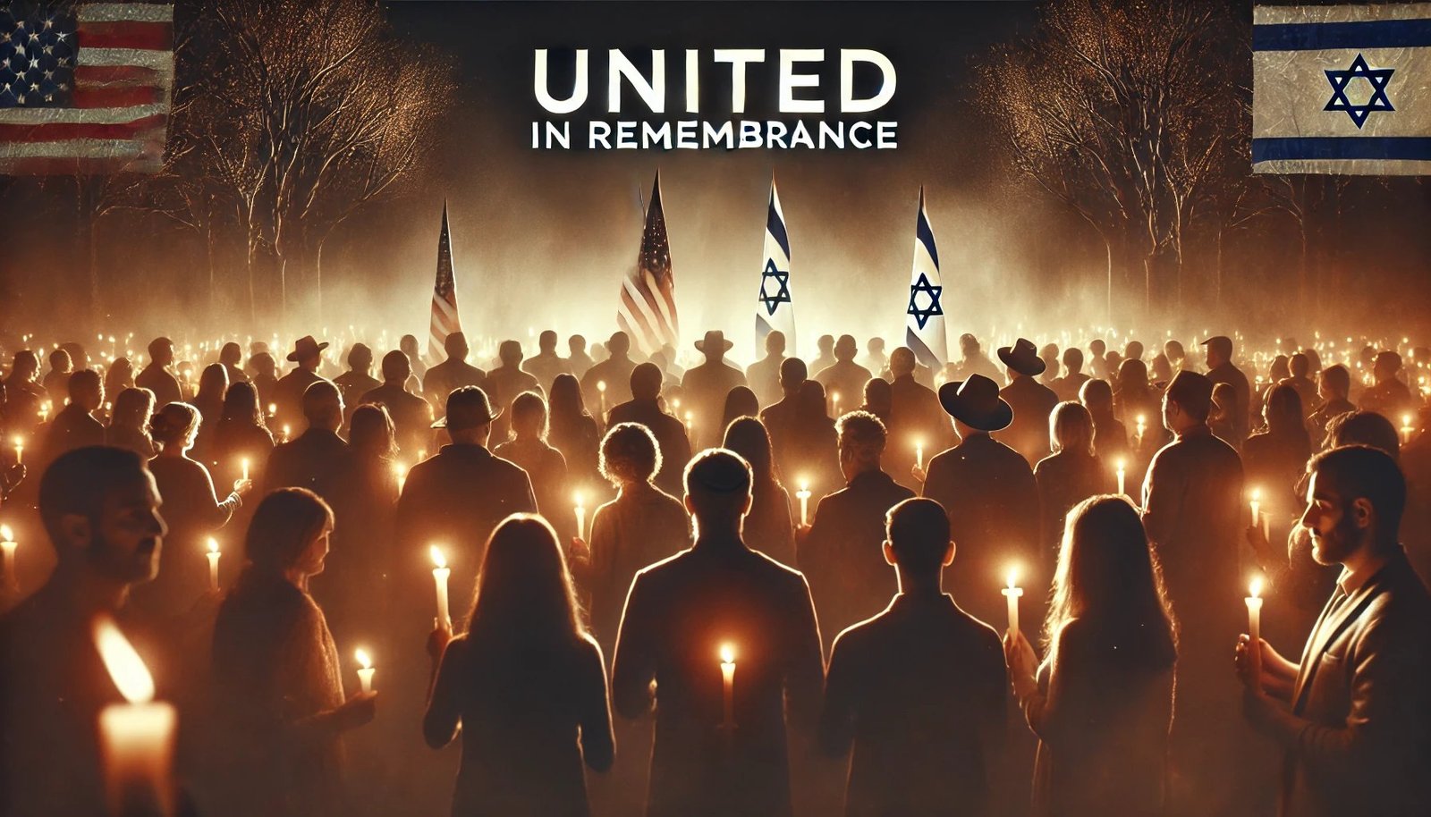 A crowd holds candles during a nighttime vigil with American and Israeli flags displayed, commemorating the haunting events of October 7th. The text "United in Remembrance" is visible at the top.