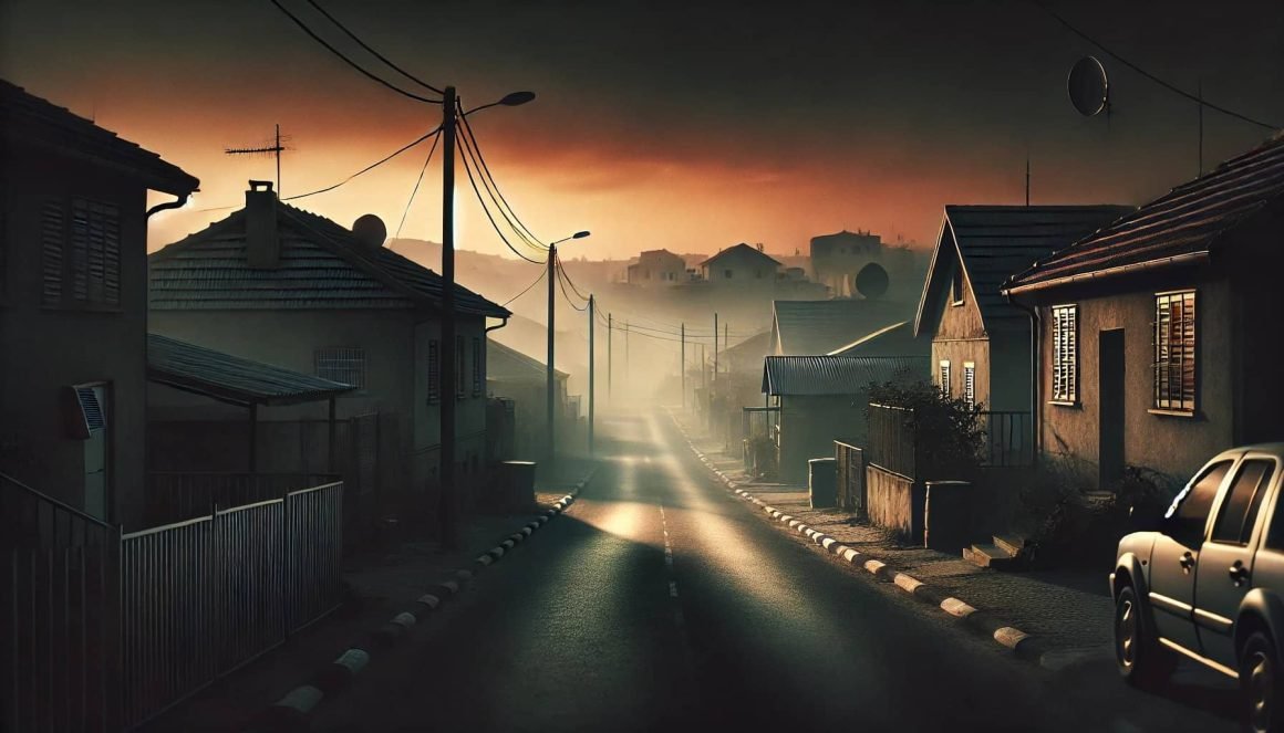 On the eerie evening of October 7th, a quiet, empty street under a moody sky sets the stage for The Haunting. Houses loom on both sides, while a car sits ominously parked on the right—a perfect prelude to Halloween's Day of Horror.