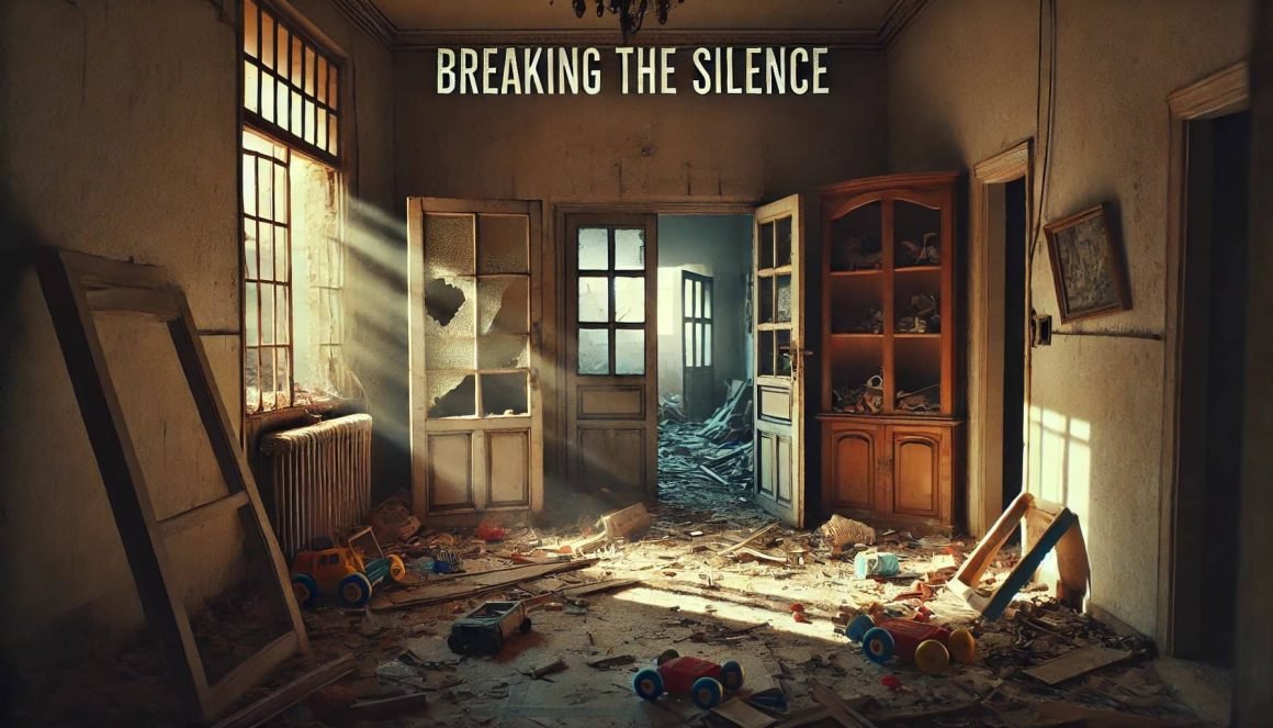 A dilapidated room with scattered toys, sunlight streaming in, and the text "Breaking the Silence" above hints at The Haunting of October 7th.