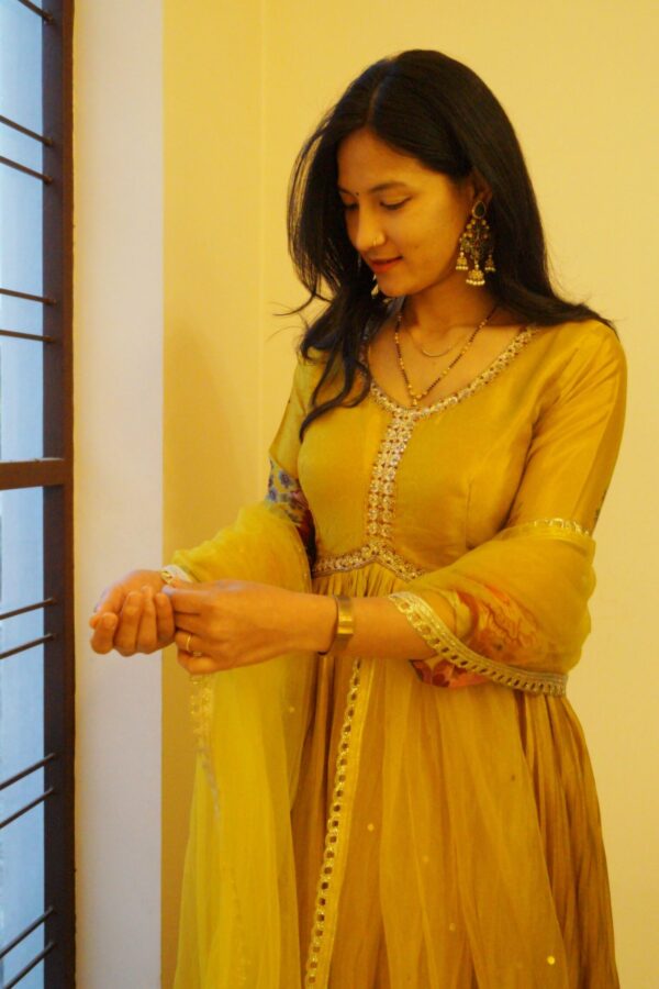 Mustard Printed Chinon Alia Cut Gown