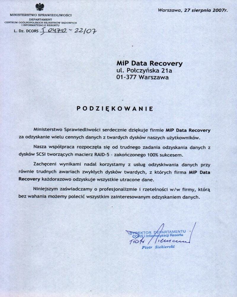 Referencja dla MiP Data & Forensic od Ministerstwa Sprawiedliwości