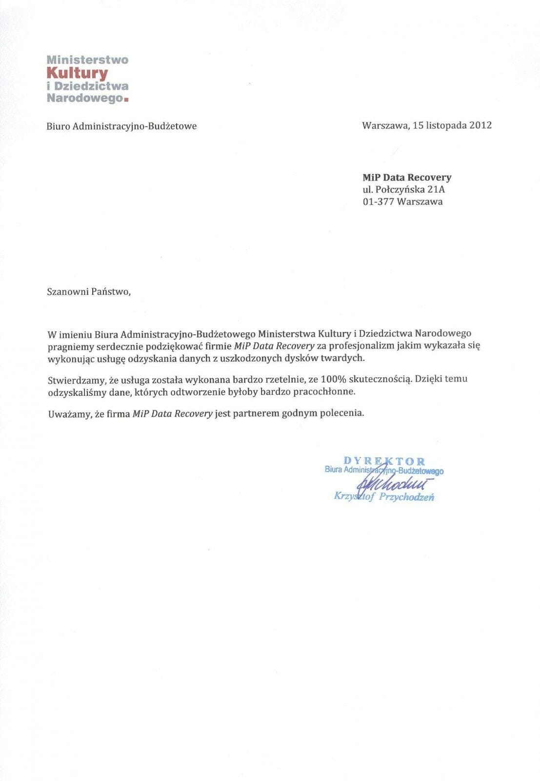 Referencja dla MiP Data & Forensic od Ministerstwa Kultury i Dziedzictwa Narodowego