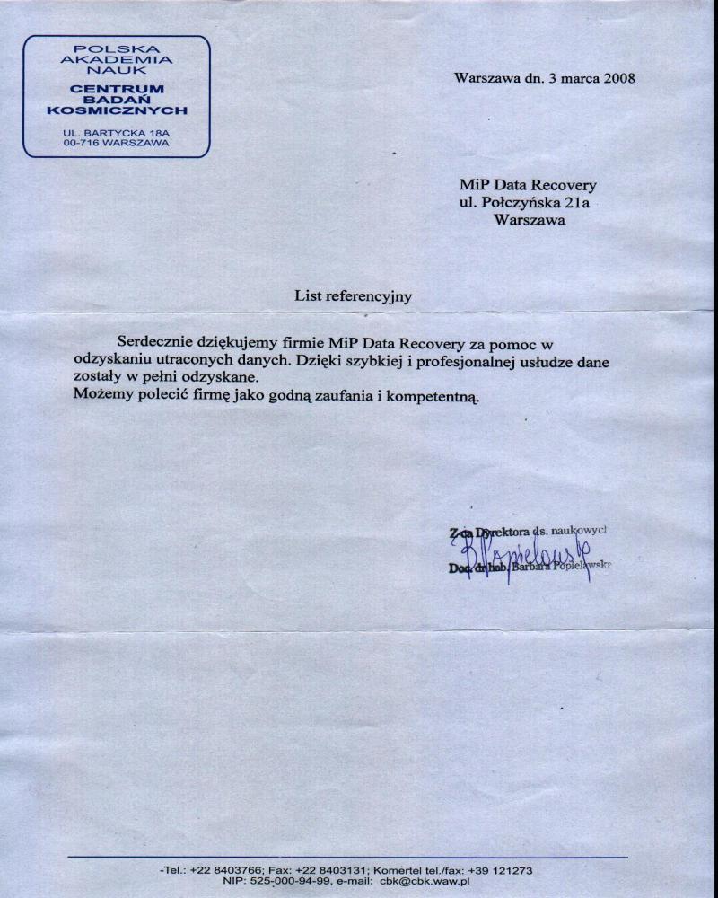 Referencja dla MiP Data & Forensic od Centrum Badań Kosmicznych PAN