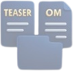 Two gray document icons labeled "TEASER" and "OM" are placed above a gray folder icon.