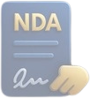 Icon of a document labeled "NDA" with lines representing text and a hand at the bottom next to a signature.