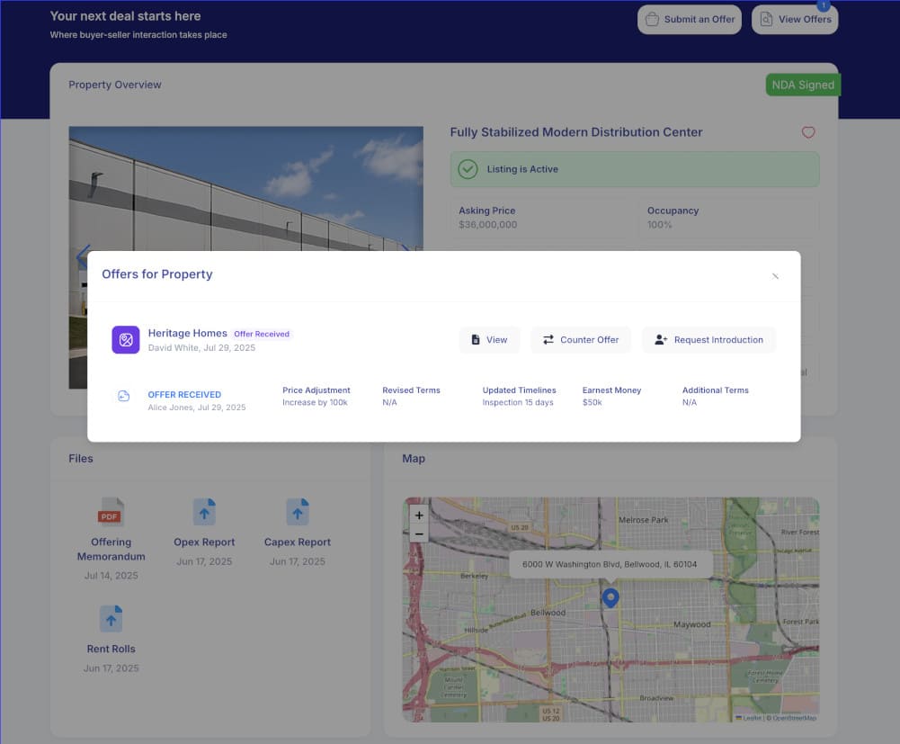 A real estate dashboard displays property offers, details about a fully stabilized modern distribution center, and a location map. An offer from Heritage Homes is highlighted in a pop-up window.