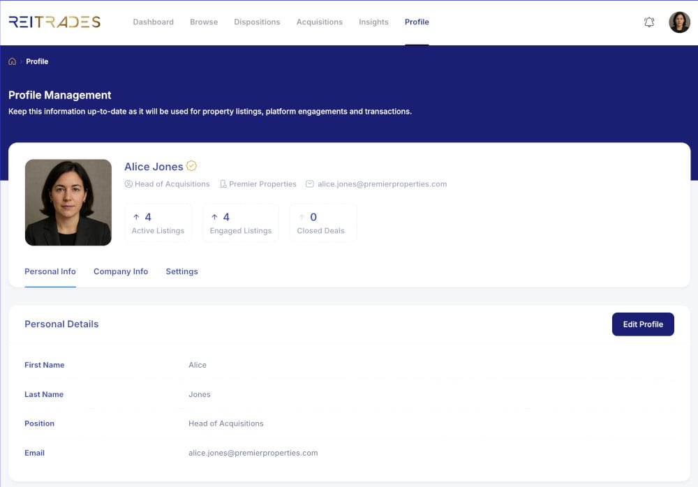 Profile page for Alice Jones on REITRADES platform, showing her photo, role, contact details, profile stats, and personal details including first and last name and email address.