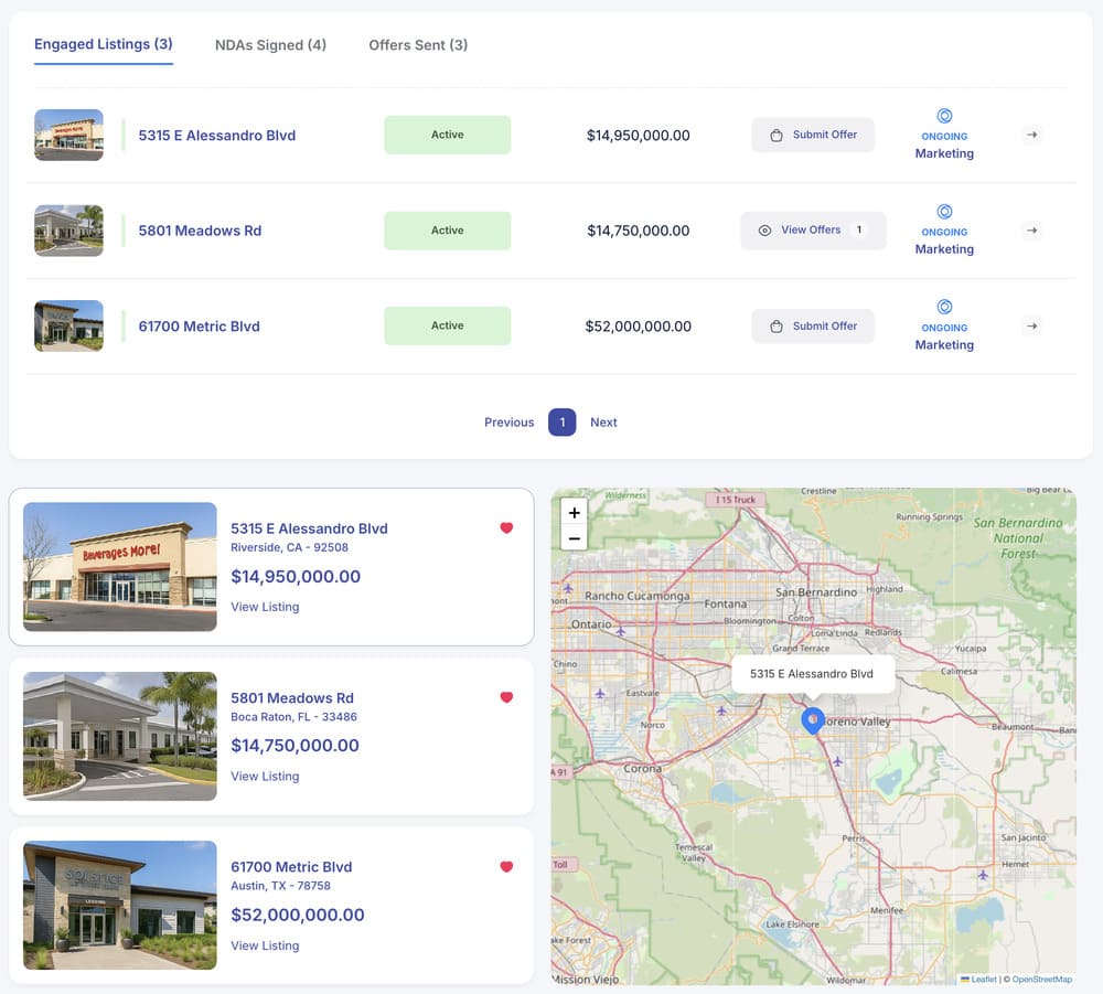 Screenshot of a listings dashboard showing three active property listings with prices, options to submit offers, and a map highlighting their locations.