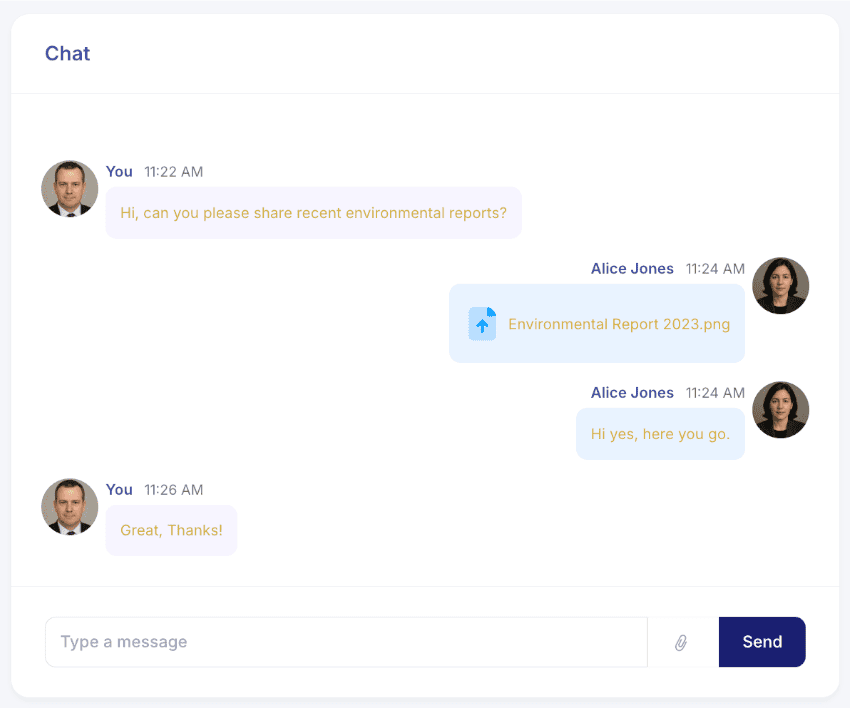 A chat interface shows two people exchanging messages and a file. One user requests environmental reports; the other shares a file titled "Environmental Report 2023.png" and confirms sending it.