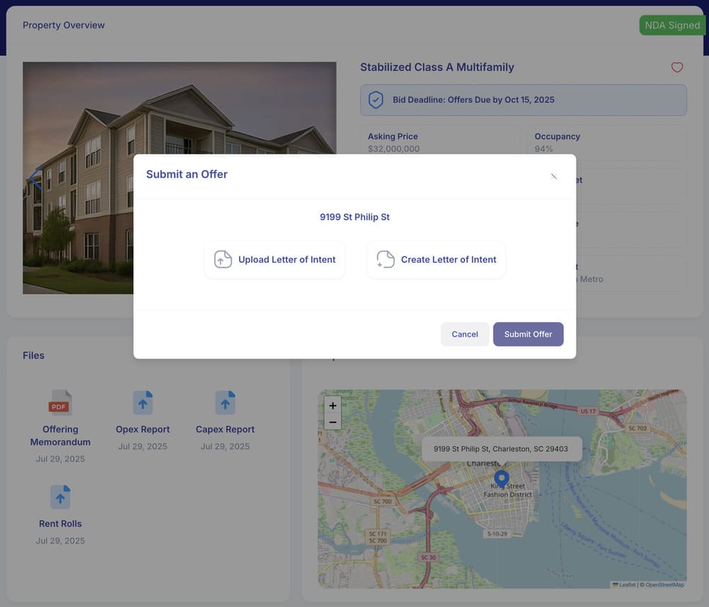 A property offer submission form overlays a real estate listing page, showing options to upload or create a letter of intent for 9199 St Philip St.