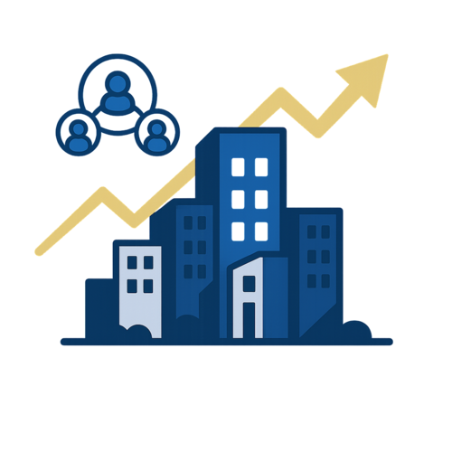 Illustration of office buildings with an upward arrow and a network of people, symbolizing business growth and teamwork.