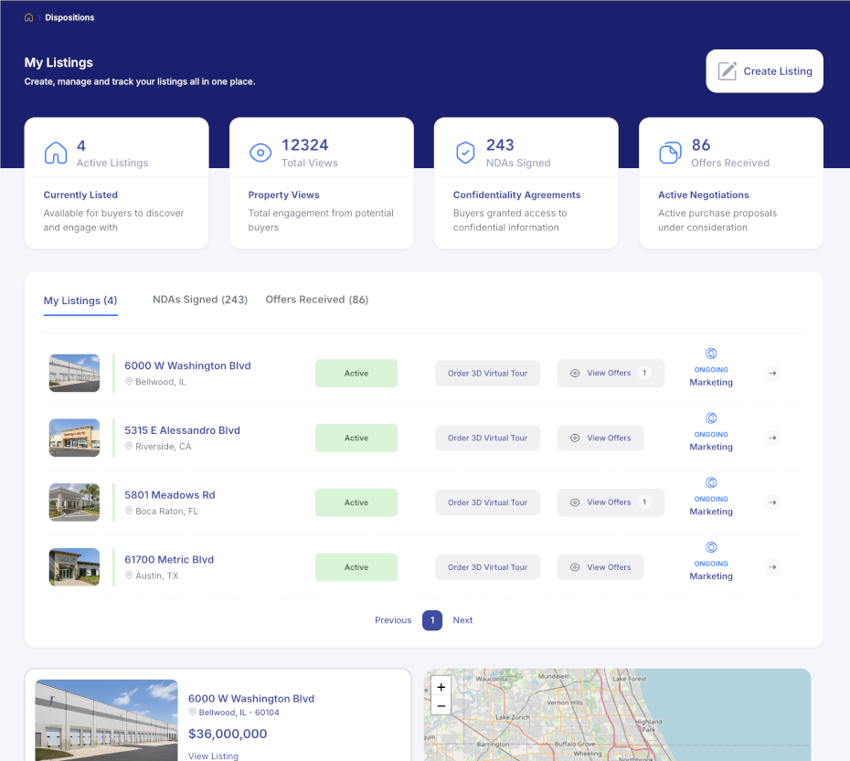 Dashboard displaying real estate listings with stats for active listings, total views, NDAs signed, offers received, and options to manage and view listing details.