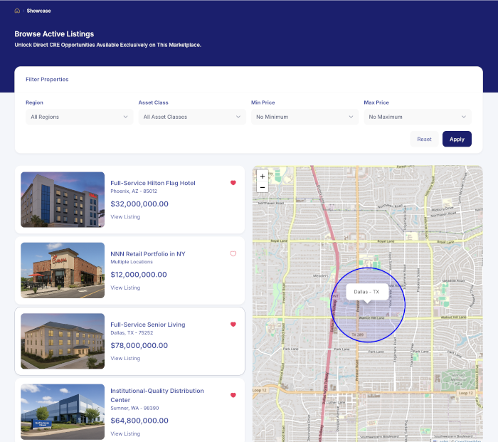 Screenshot of a property listings website showing commercial real estate options with details, prices, and a map focused on Dallas, TX.