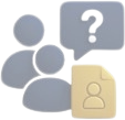 Three generic user icons, a speech bubble with a question mark, and a file icon with a person symbol, suggesting a query about user or account information.