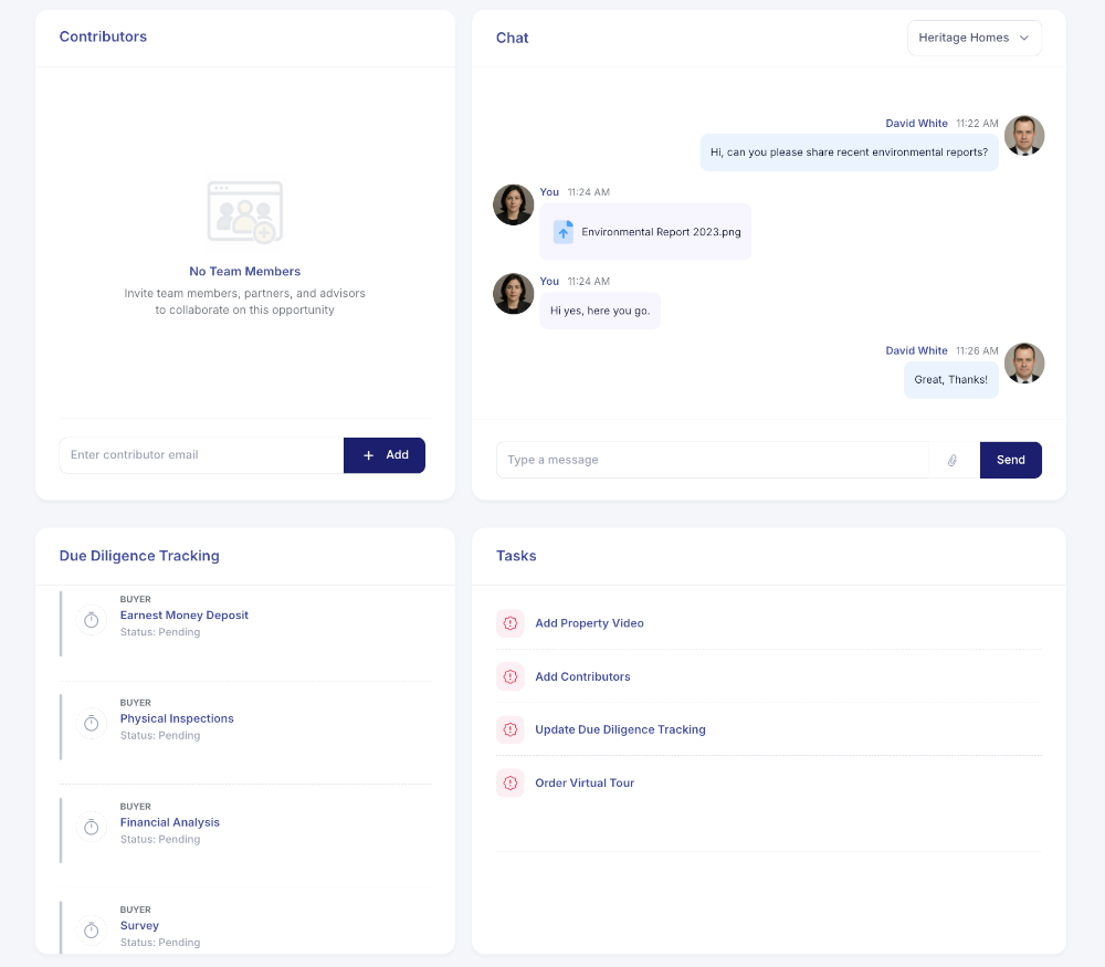 A dashboard with sections for contributors, chat, due diligence tracking, and tasks. The chat shows a file being shared. No team members are listed, and several tasks are pending.