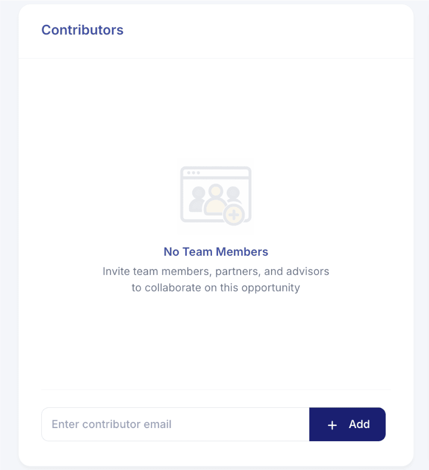 A digital interface page labeled "Contributors" shows no team members added, with a field to enter contributor emails and an "Add" button below.