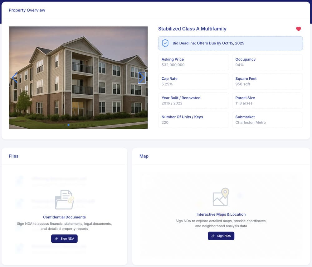 Screenshot of a property overview showing a photo of a multifamily apartment building and key investment details, including address, offering status, and property specifications.