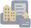 Icon showing a building, a document, and an upload arrow in front of a credit card, representing business or financial document upload.