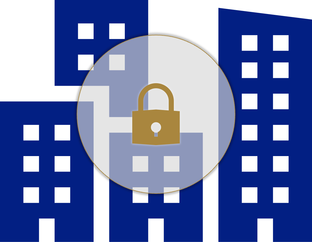 Illustration of blue buildings with a gold padlock symbol in a circle overlay, suggesting security or data protection in an urban or corporate environment.