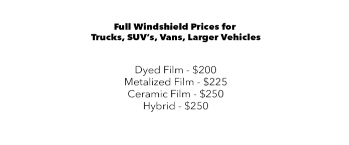 full windshield prices for trucks, SUVs, Vans, Larger Vehicles.