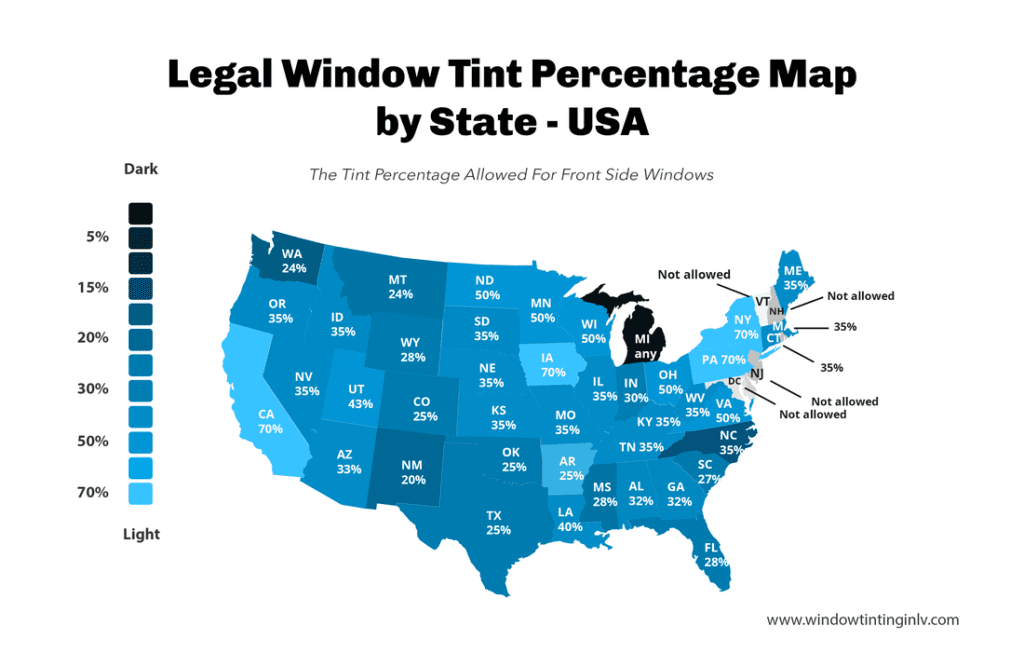 legal window tint percentage map by State - USA