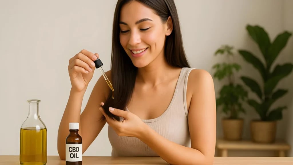 A woman applying a few drops of olive oil to her long hair to deeply condition it.