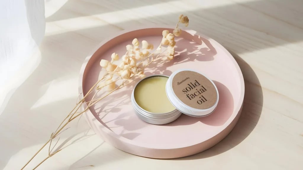 A round pink plate with dried flowers and a round tin of solid facial oil on it.