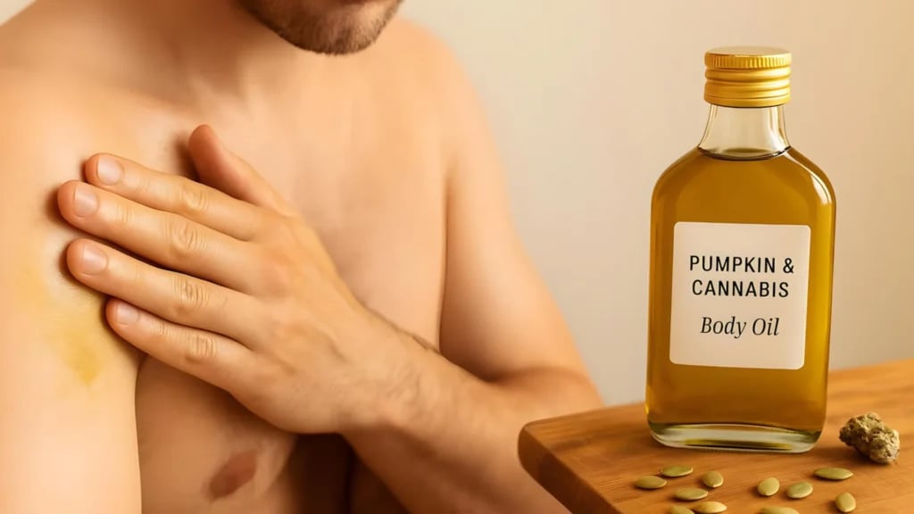 A man rubbing pumpkin seed body oil into his arm.