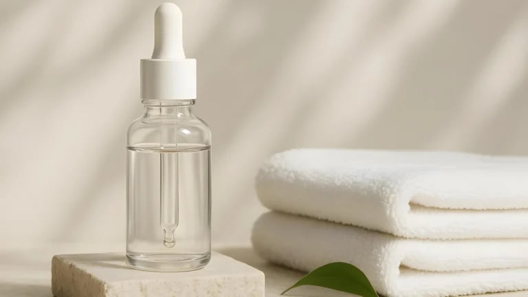 A clear bottle of serum next to towels and a fresh leaf.