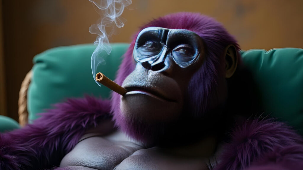 A purple gorilla sitting on a green sofa smoking a joint which is one of the top 10 cannabis strains