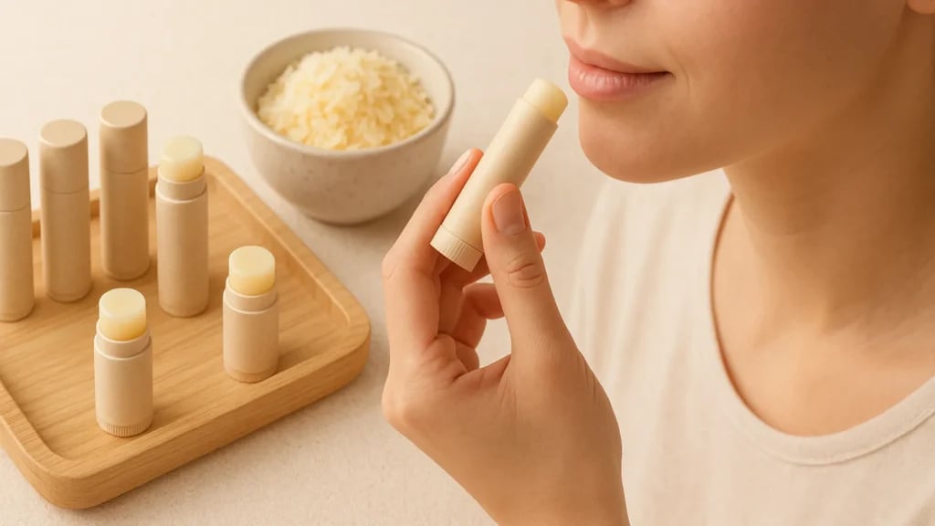 A woman using rice bran wax for cosmetics with several lip balms on a wooden tray.