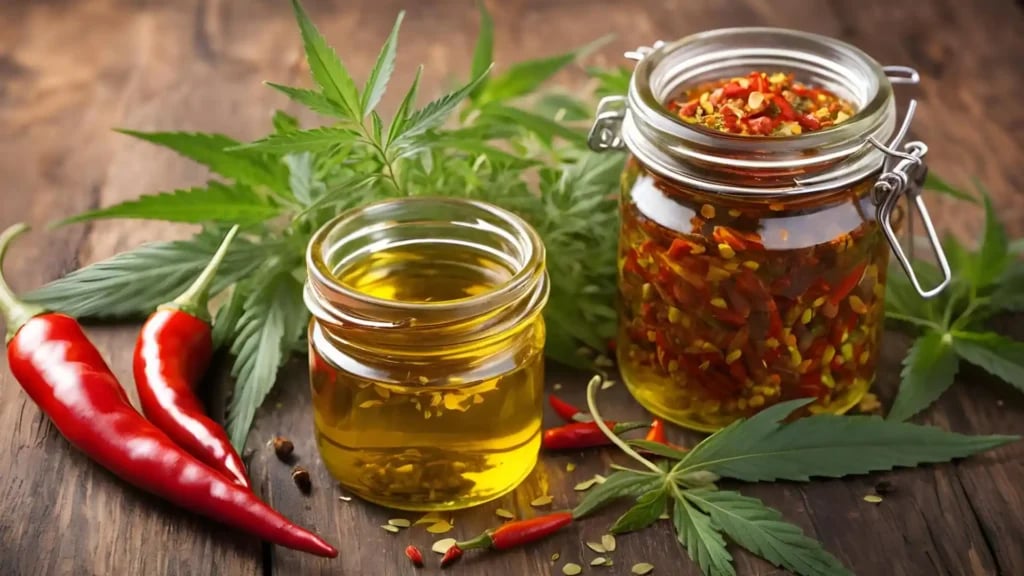 Chilis and cannabis by two jars of herb-infused oil.