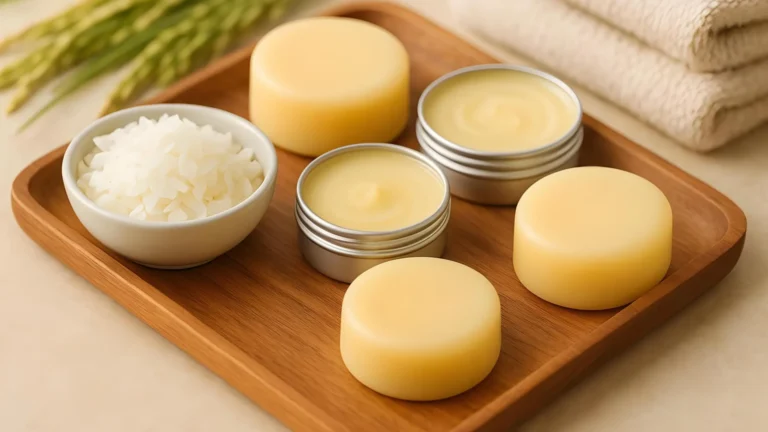 Rice Bran Wax flakes on a wooden tray alonside balms and lotion bars.