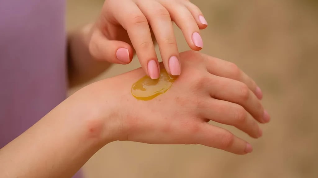 A woman gently rubbing tamanu oil into the sore skin of her hand.