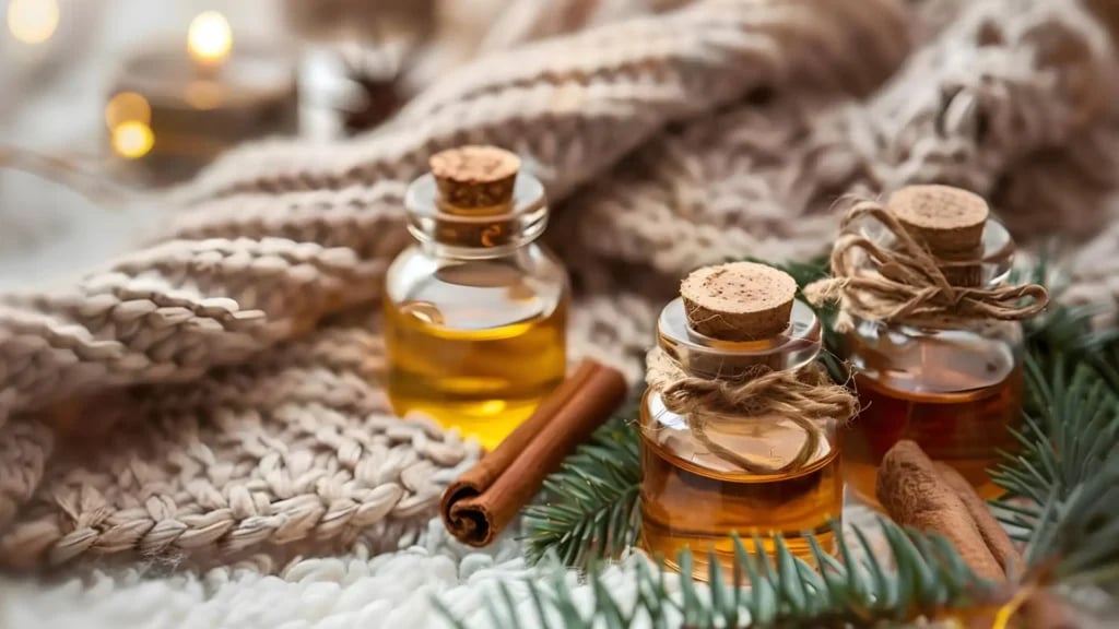 3 corked bottles of essential oils with a cinnamon stick, fir branch and knitted blanket