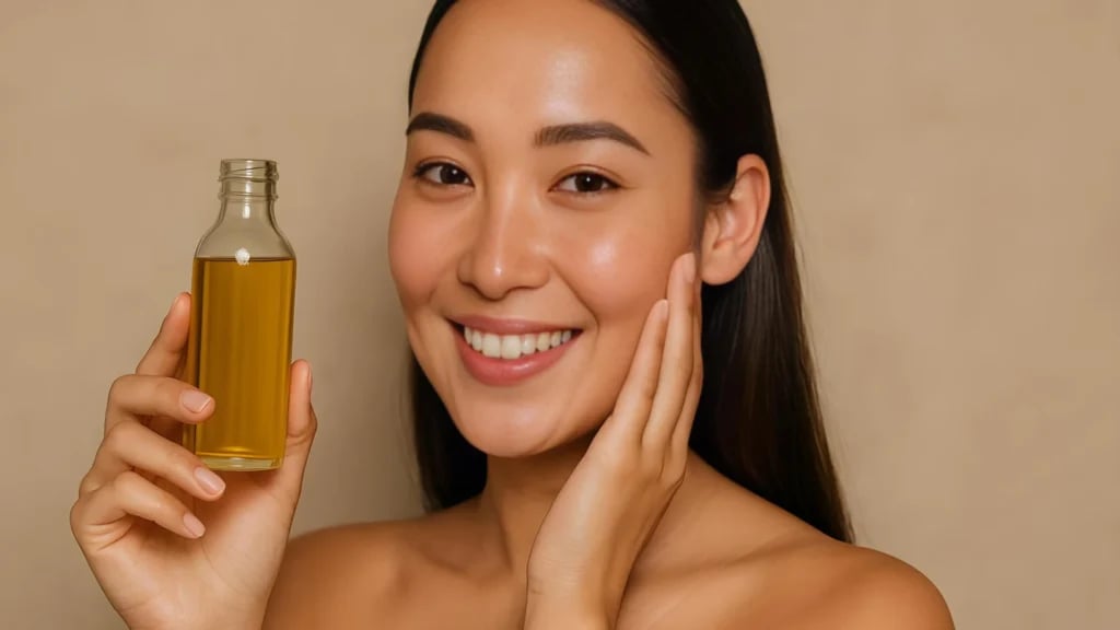 A woman holding a bottle of rice bran oil.
