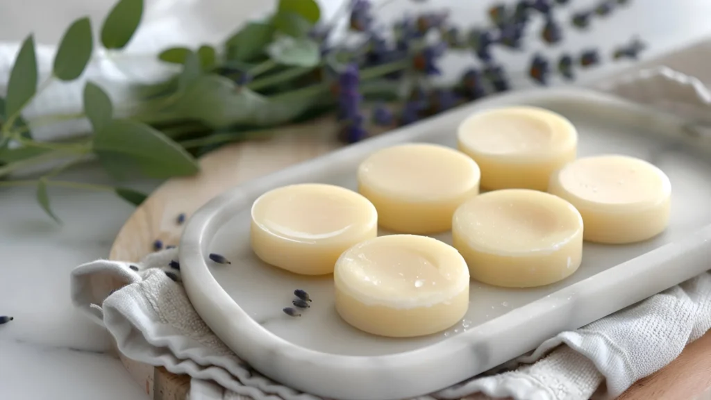 Creamy lotion bars on a soap dish
