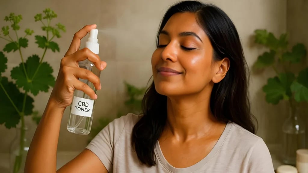 a woman spraying her face with a bottle of cbd toner