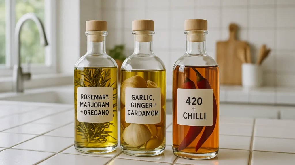 3 bottles of gourmet herb-infused oils made with the POT by NOIDS.