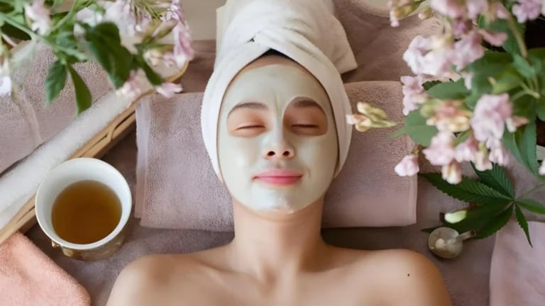 A relaxed woman lying down on folded towels is wearing a cosmetic face mask. Beside her is a cup of tea.