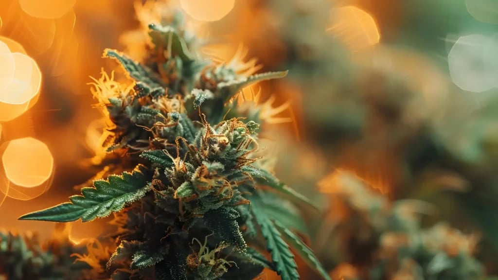 A close-up of trichomes on a cannabis flower.