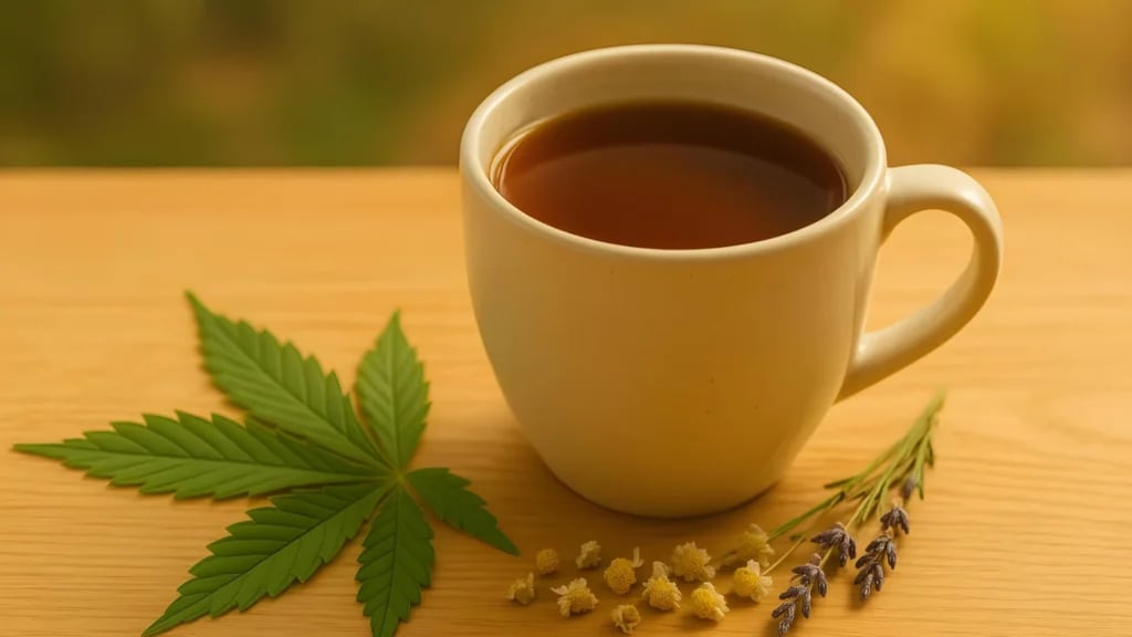 A cup of cannabis tea with a cannabis leaf, lavender and chamomile alongside.