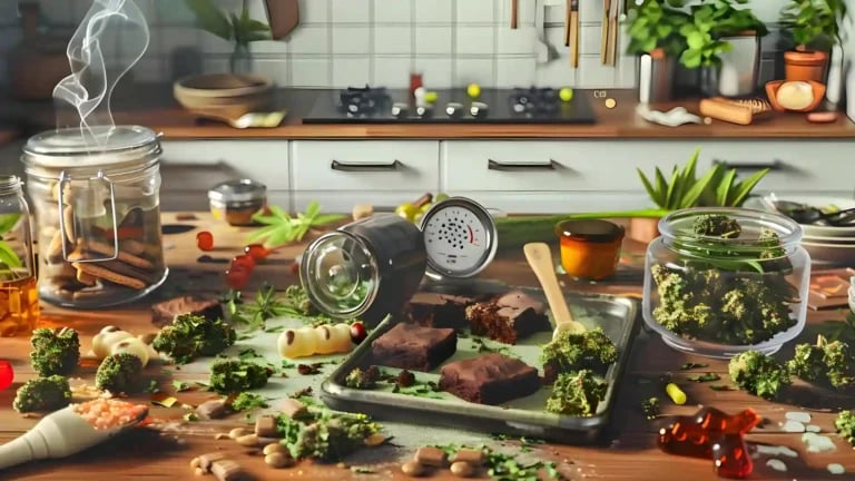 A messy kitchen counter with burned biscuits, spilled canna butter, and limp gummies shows the common mistakes when making cannabis edibles at home.