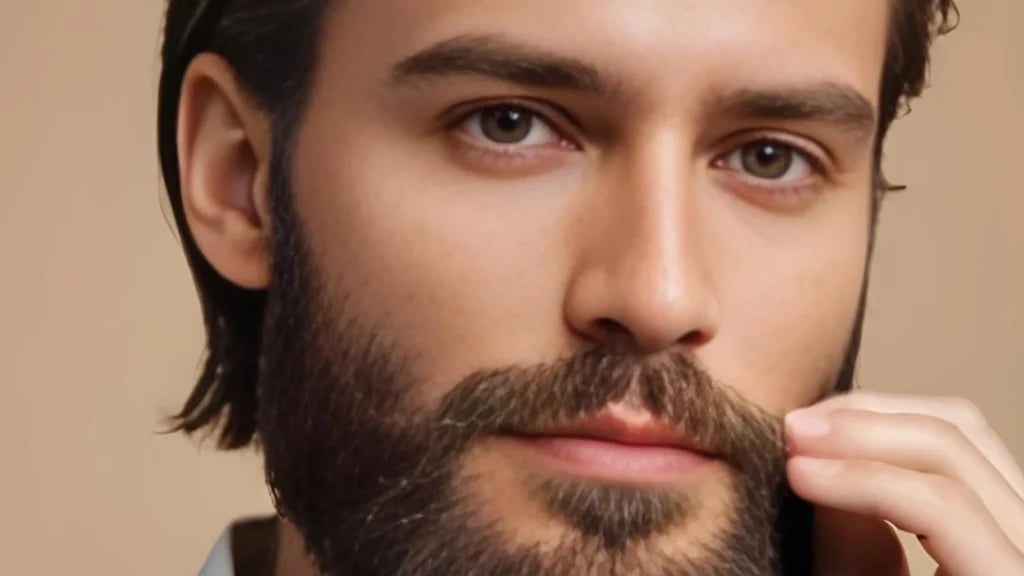 A young man with smooth, clear skin strokes his well-kempt beard showing the glycerin benefits for skin and beards